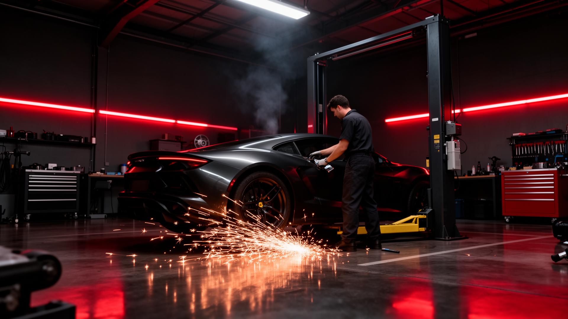 Mechanic working on car in workshop